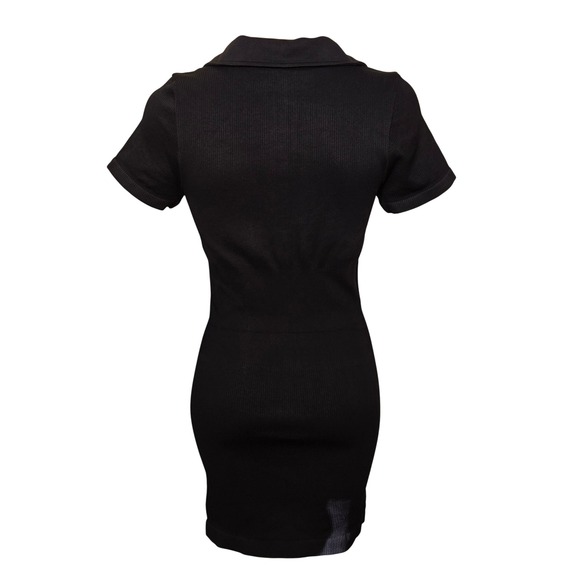 OQQ Black Ribbed Knit Polo Dress Short Sleeve Bodycon Snap Mini Casual Women Lrg - Picture 3 of 8
